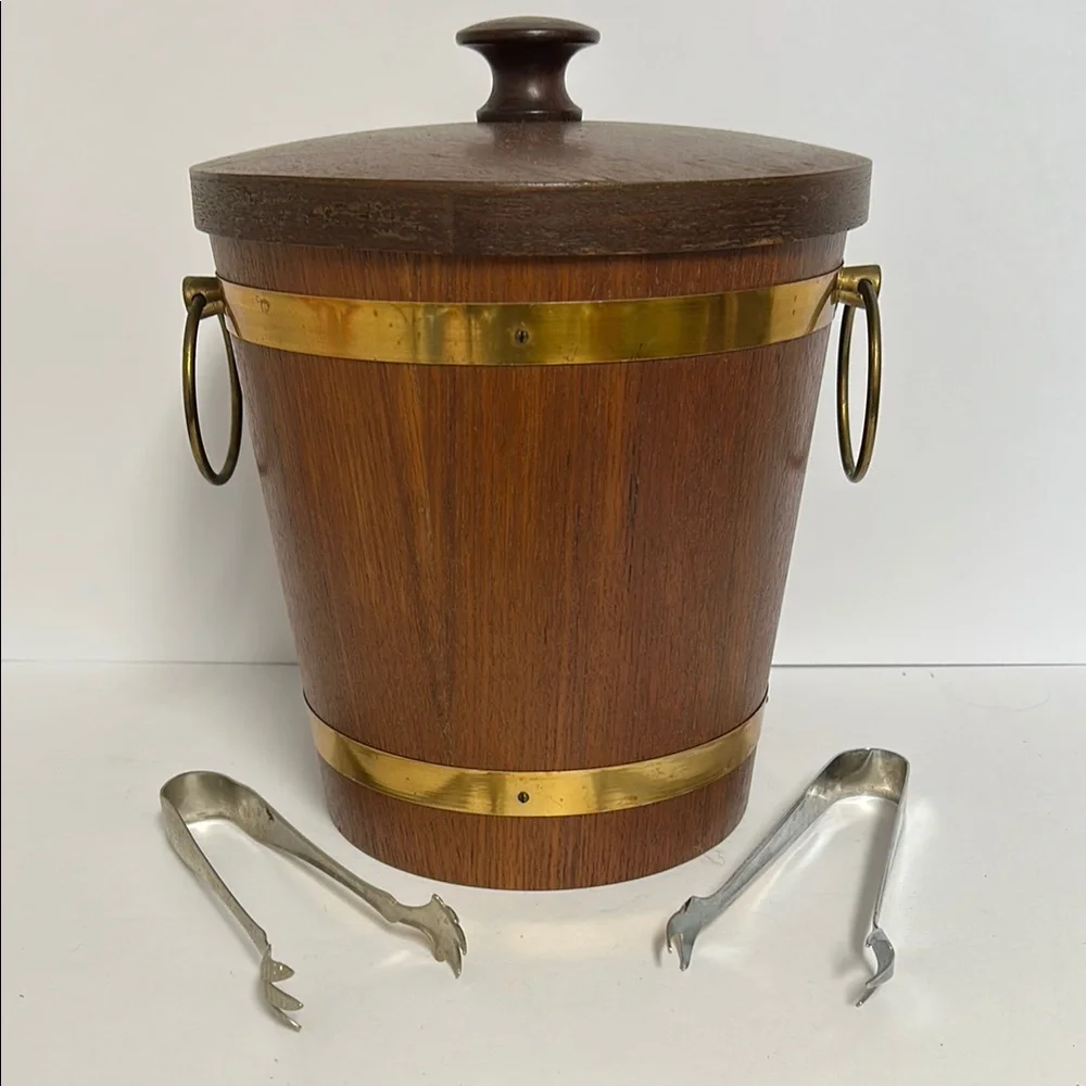 Vintage MCM 60s 70s Teak Wood Brass Belted Lidded Ice Bucket With 2 Ice Tongs